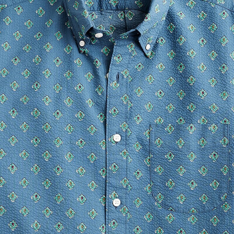 Men's J.Crew Short-sleeve seersucker with point collar print Shirts Flower Stamp Shadow Blu USA WXZQMTP43