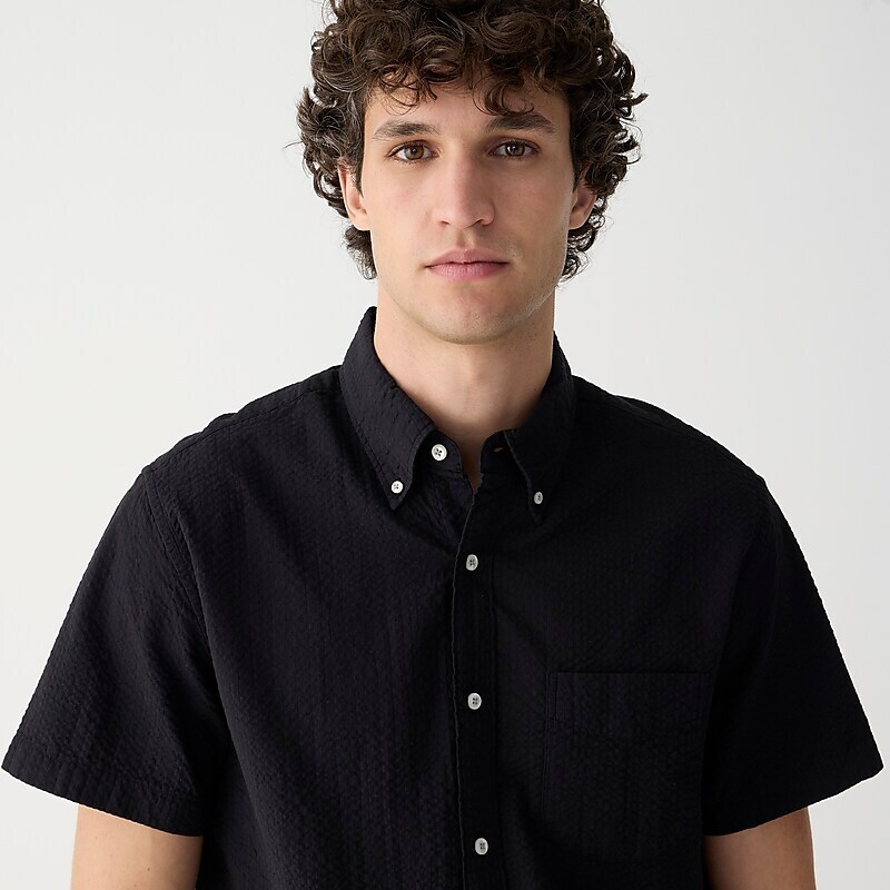 Men's J.Crew Short-sleeve seersucker with point collar print Shirts Black USA ESDIOCY58