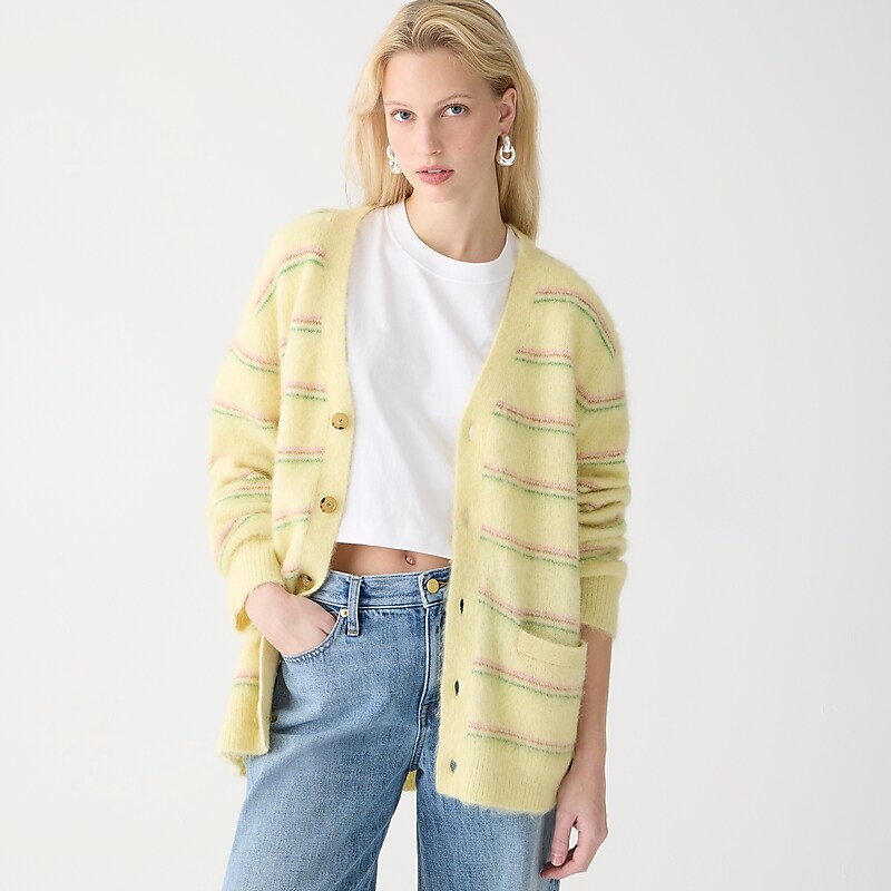 Women's J.Crew Alpaca-blend V-neck cardigan Sweaters Lemon Sorbet Stripe USA UVOXWJE46