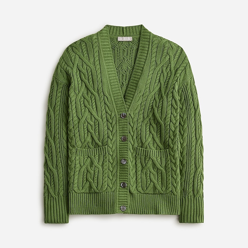 Women\'s J.Crew Cable-knit cardigan Sweaters Faded Moss USA POQGRZK53