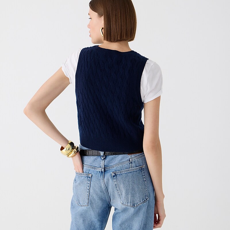 Women's J.Crew Cashmere cropped cable-knit sweater Vest Navy USA OSGVQDU12