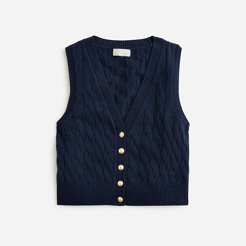 Women\'s J.Crew Cashmere cropped cable-knit sweater Vest Navy USA OSGVQDU12