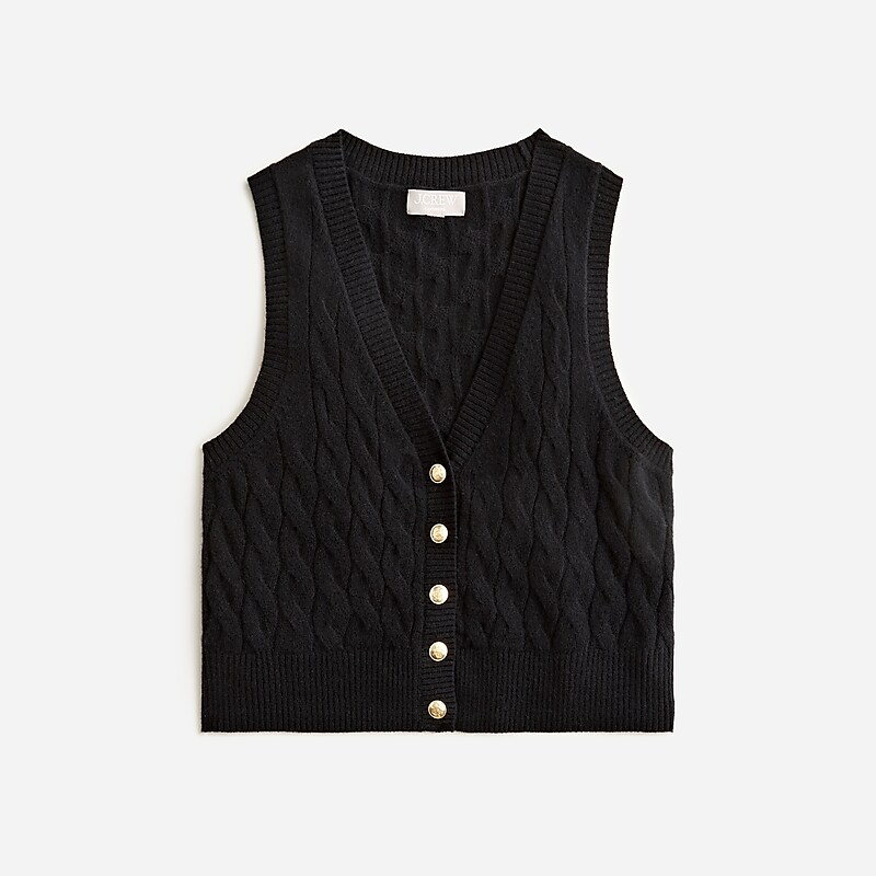 Women\'s J.Crew Cashmere cropped cable-knit sweater Vest Black USA GSAXPKD91