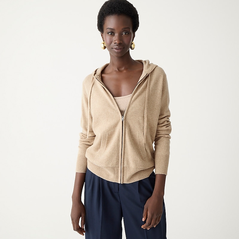 Women\'s J.Crew Cashmere full-zip sweater Hoodie Hthr Stone USA TBIRSJF84