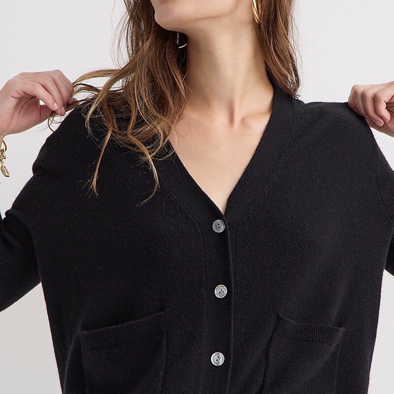 Women's J.Crew Cashmere patch-pocket cardigan Sweaters Black USA YRGKQNA81