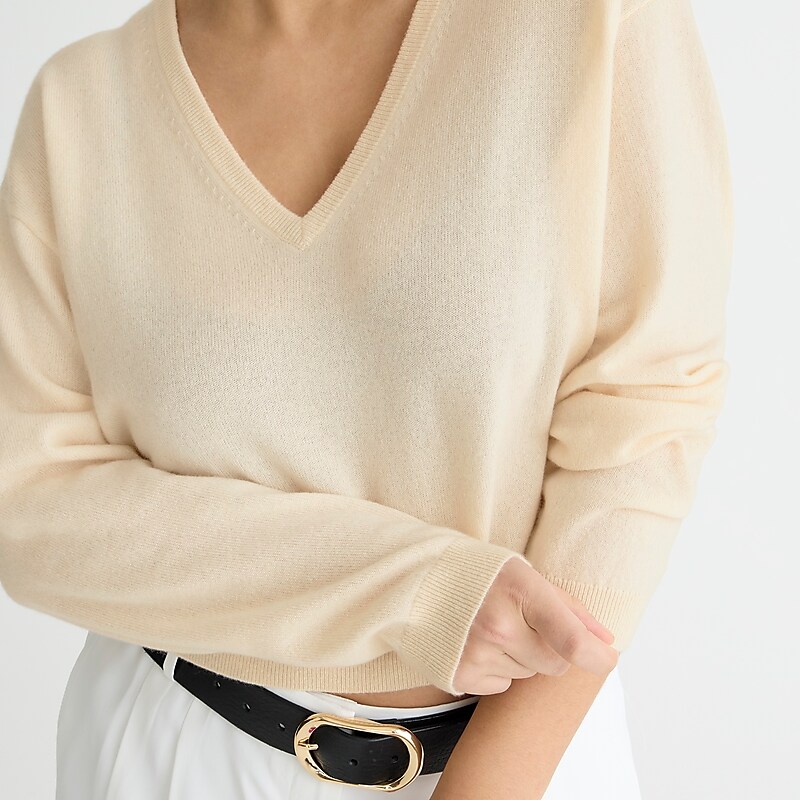 Women's J.Crew Cashmere relaxed cropped V-neck Sweaters Hthr Muslin USA JXGRBVL78