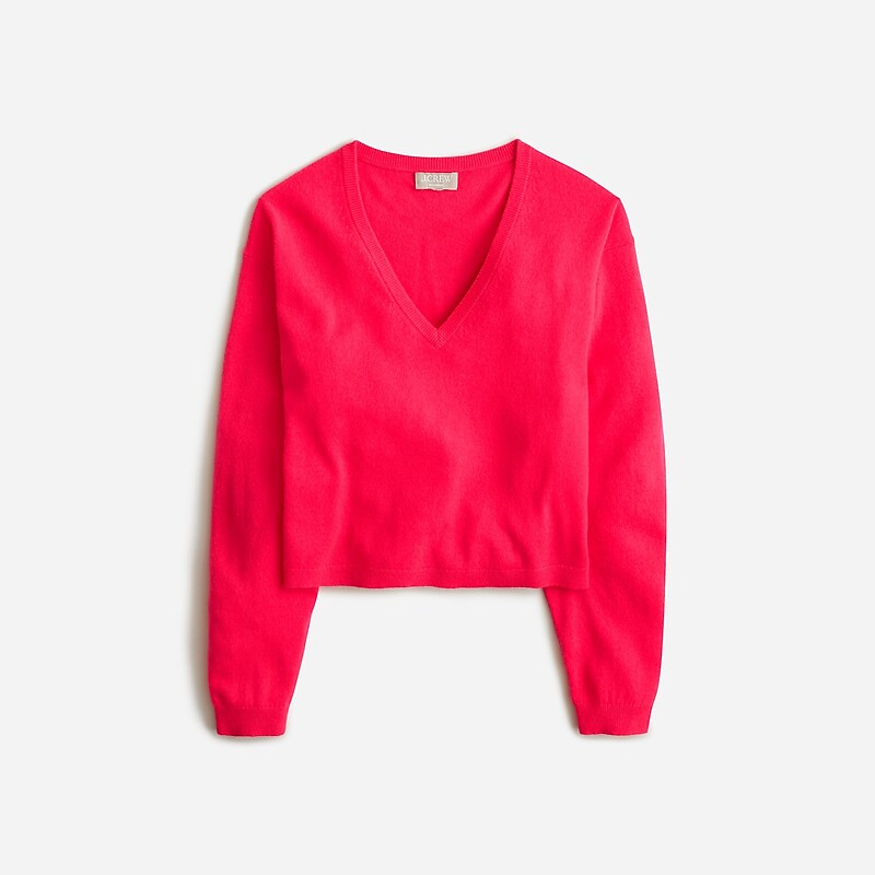 Women\'s J.Crew Cashmere relaxed cropped V-neck Sweaters Neon Berry Red USA DZELPSA69