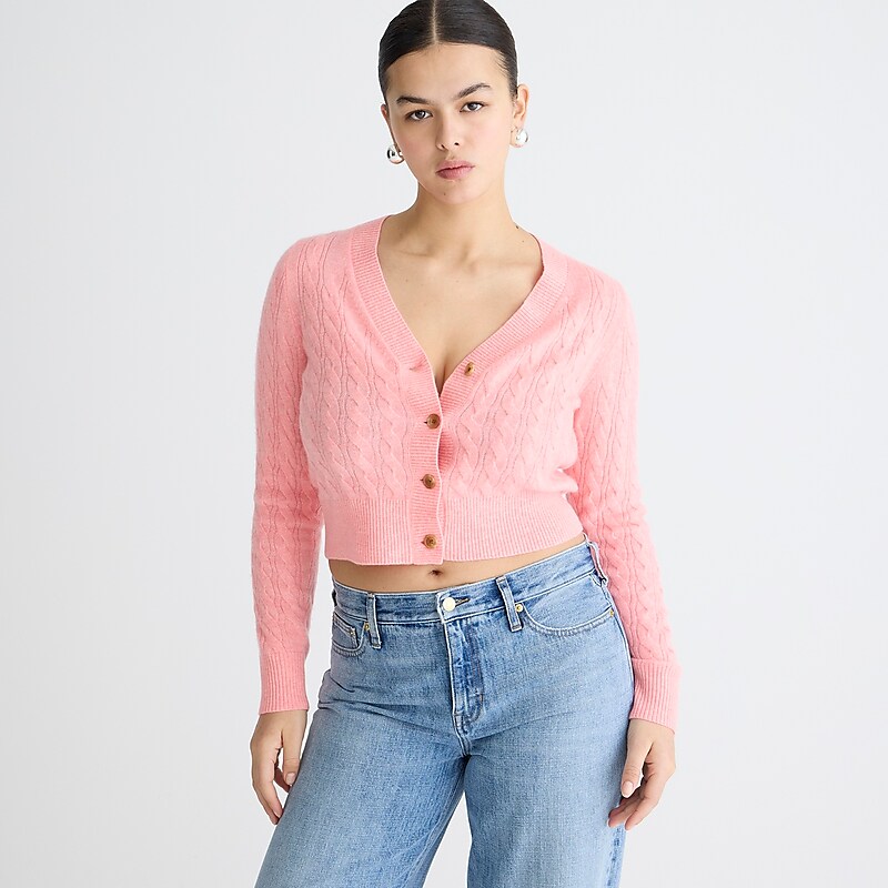 Women\'s J.Crew Cashmere shrunken cable-knit V-neck cardigan Sweaters Neon Hthr Peony USA UKJDWMR69