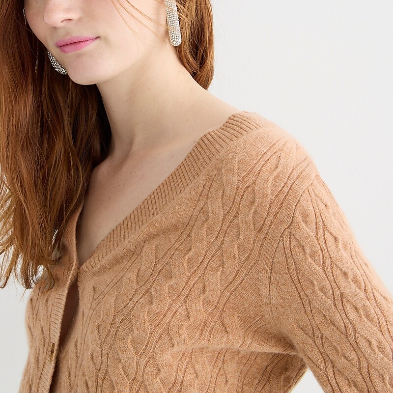 Women's J.Crew Cashmere shrunken cable-knit V-neck cardigan Sweaters Hthr Camel USA ZTVWPMD20