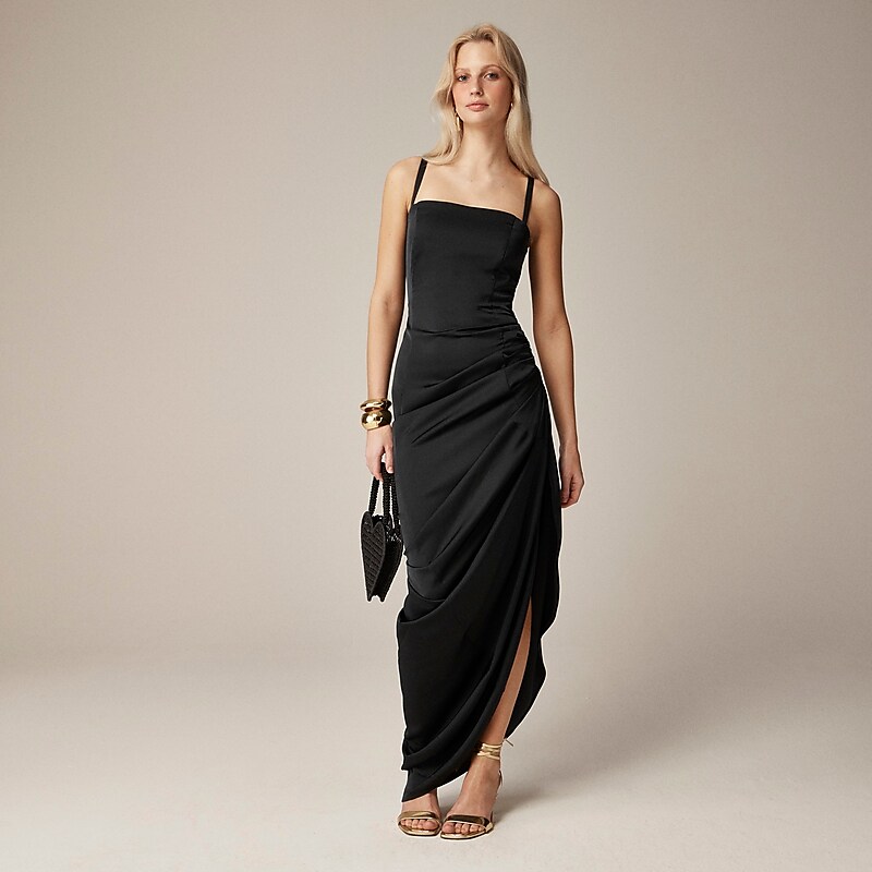 Women\'s J.Crew Collection asymmetrical ruched stretch satin Dress Black USA EGLNFQY18