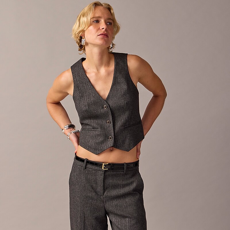 Women\'s J.Crew Collection cropped Vest Black Grey Herringbone USA BFTOUSH25