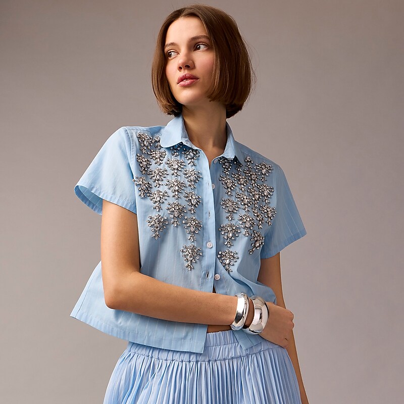 Women\'s J.Crew Collection cropped button-up shirt with embellishments pinstripe print Shirts Blue Pinstripe USA JXOVTWN20