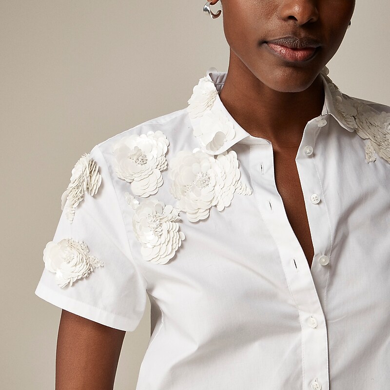 Women's J.Crew Collection cropped button-up shirt with floral appliqués Shirts White USA UJENHXZ15