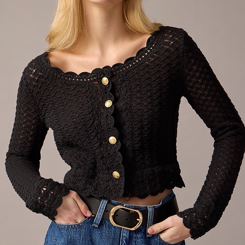 Women\'s J.Crew Crochet cropped cardigan Sweaters Black USA WSQOJGN31