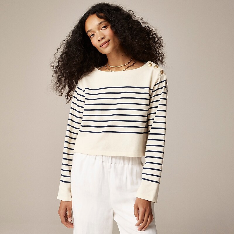 Women\'s J.Crew Cropped boatneck T-shirt with buttons T-shirts Placed Crew Stripe Ivo USA NCBOLFG95