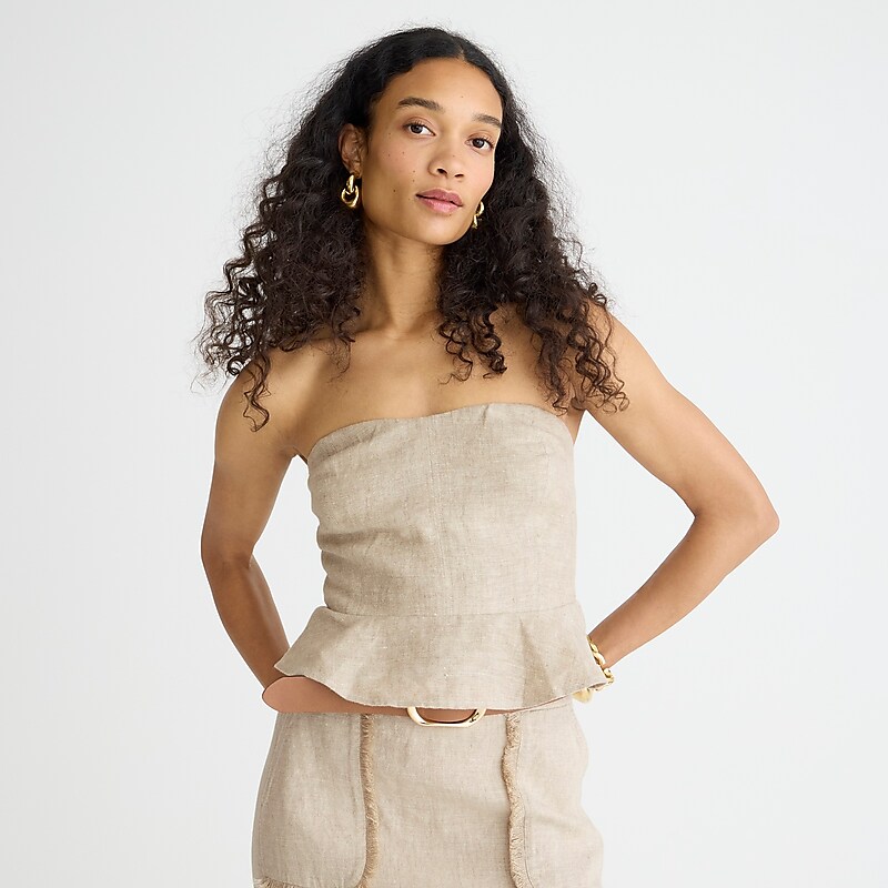 Women\'s J.Crew Cropped bustier peplum heavyweight linen Tops Flax USA ZCXDHMA80