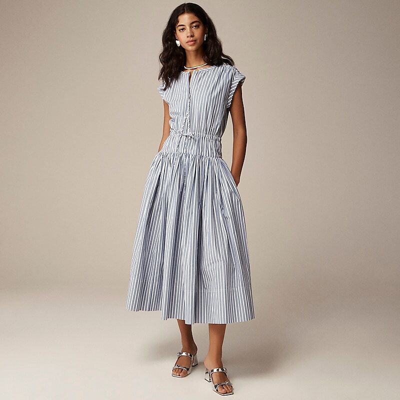 Women\'s J.Crew Drop-waist midi striped cotton poplin Dress Blue USA UYGIFBV58