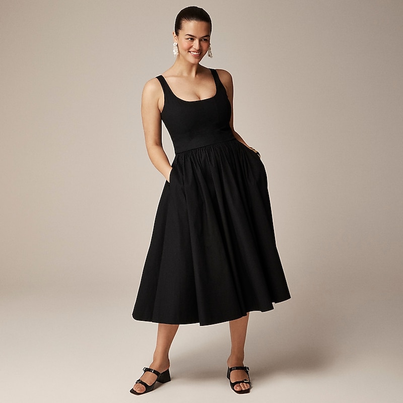 Women\'s J.Crew Fit-and-flare midi cotton poplin Dress Black USA XEGZPDL54