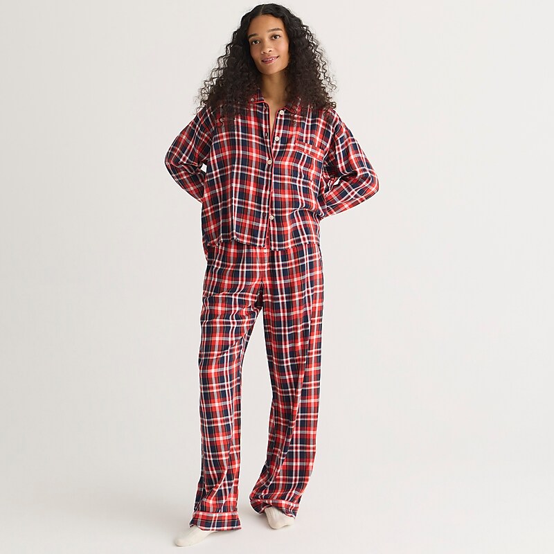 Women\'s J.Crew Flannel long-sleeve cropped pajama pant set plaid Pajamas Dark Evening Plaid USA ZJQLMIK83