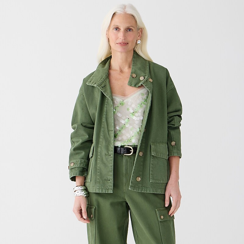 Women\'s J.Crew Funnelneck field heavyweight linen Jackets Utility Green USA EPZDCTA18