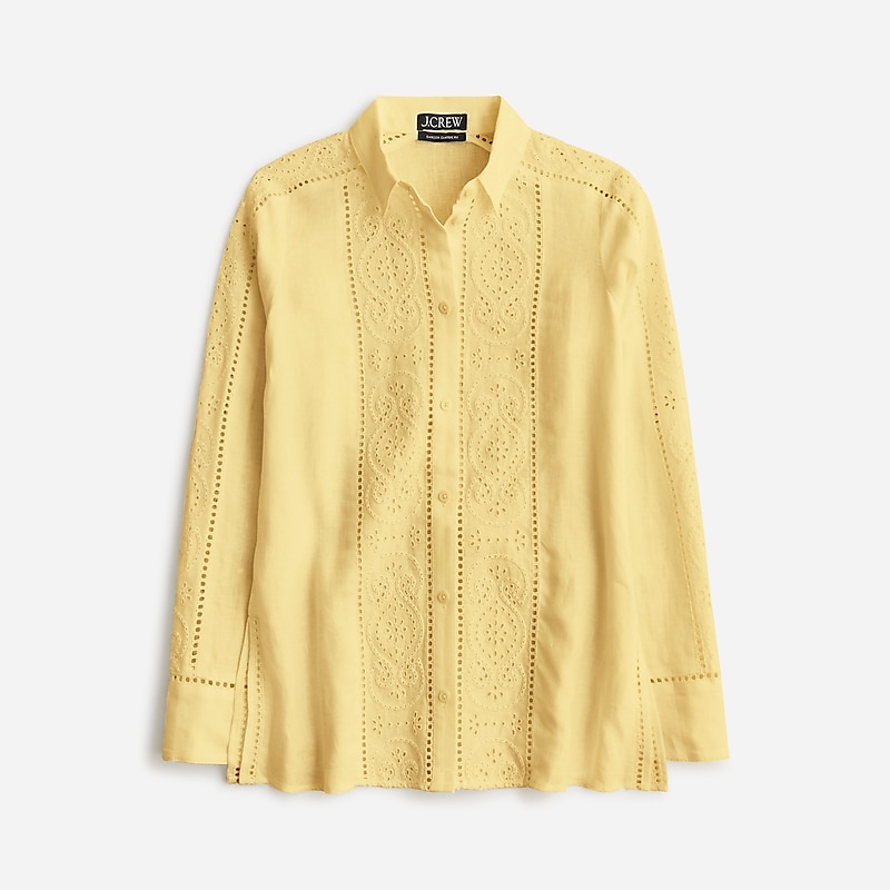 Women\'s J.Crew Garçon classic eyelet linen Shirts Fresh Lemon USA ZLUBEVY75