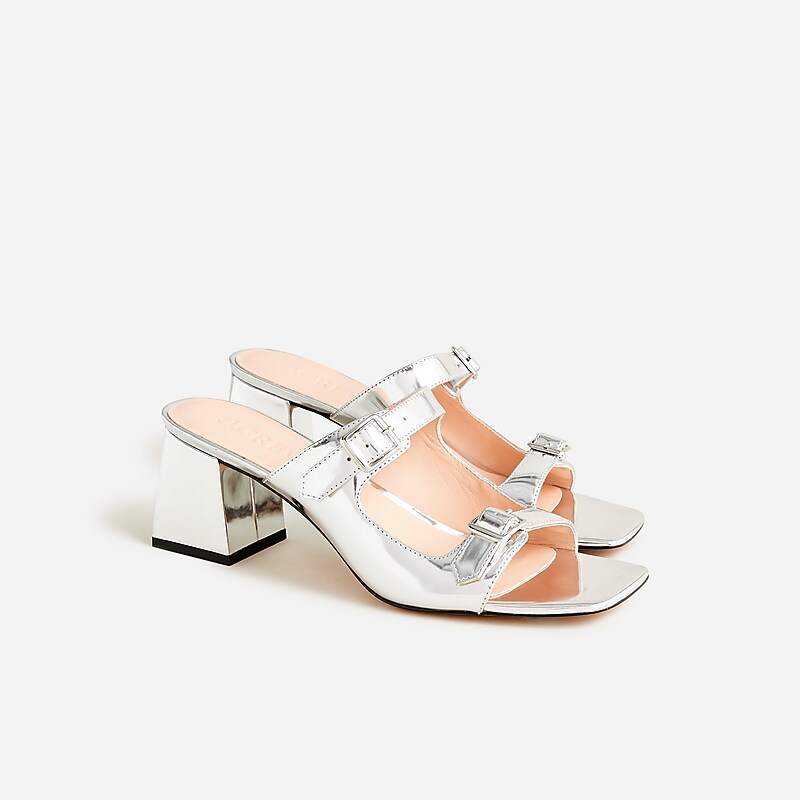 Women\'s J.Crew Layne buckle metallic specchio leather Sandals Silver Mirror USA GMKTPFD48