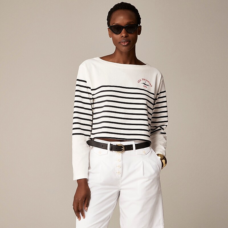 Women\'s J.Crew Limited-edition USA Swimming® X J.Crew cropped boatneck striped mariner cotton T-shirts Usa Swimming Cropped Ma USA IGQDYCP85