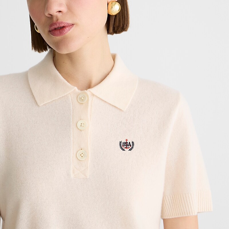 Women's J.Crew Limited-edition USA Swimming® X J.Crew cashmere cropped sweater Polo Shirts Hthr Muslin USA SUJLGEK56