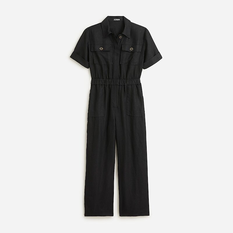 Women\'s J.Crew Linen Jumpsuits Black USA EMRUGFQ19