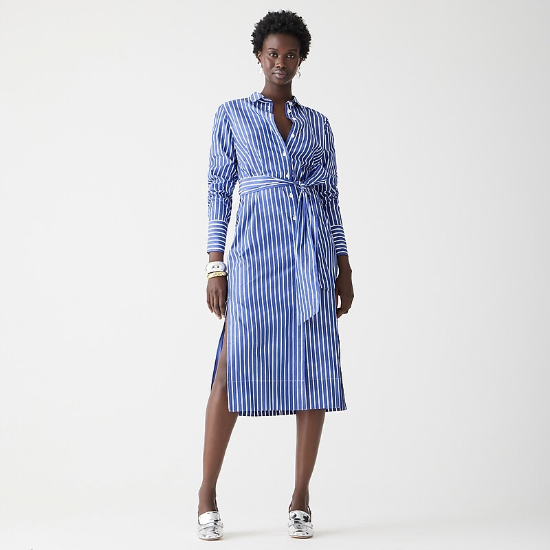 Women\'s J.Crew Long-sleeve button-up striped cotton poplin Shirtdress Harbor View USA QTKYMXF85