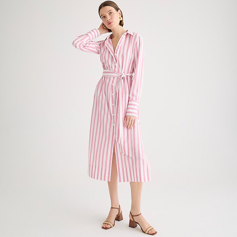 Women\'s J.Crew Long-sleeve button-up striped cotton poplin Shirtdress Fresh Rose USA IUYGFVW72