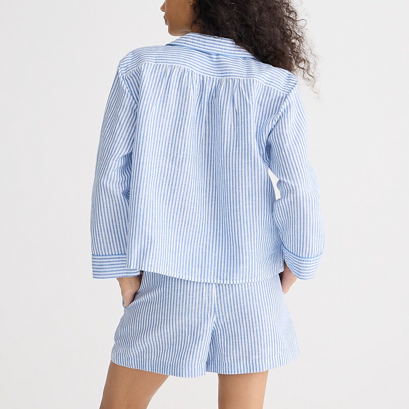 Women's J.Crew Long-sleeve short set striped linen-cotton blend Pajamas Blue USA KPVRMXO51