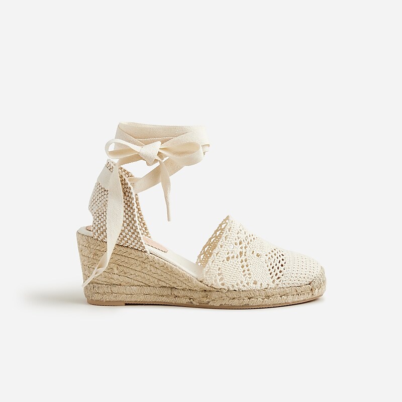 Women's J.Crew Made-in-Spain lace-up midheel with crochet Espadrilles Ivory USA TWDJLOC50