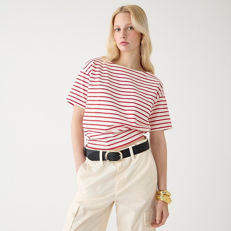 Women\'s J.Crew Mariner cloth boatneck short-sleeve T-shirts Paloma Stripe Ivory Vin USA VODFXYJ27