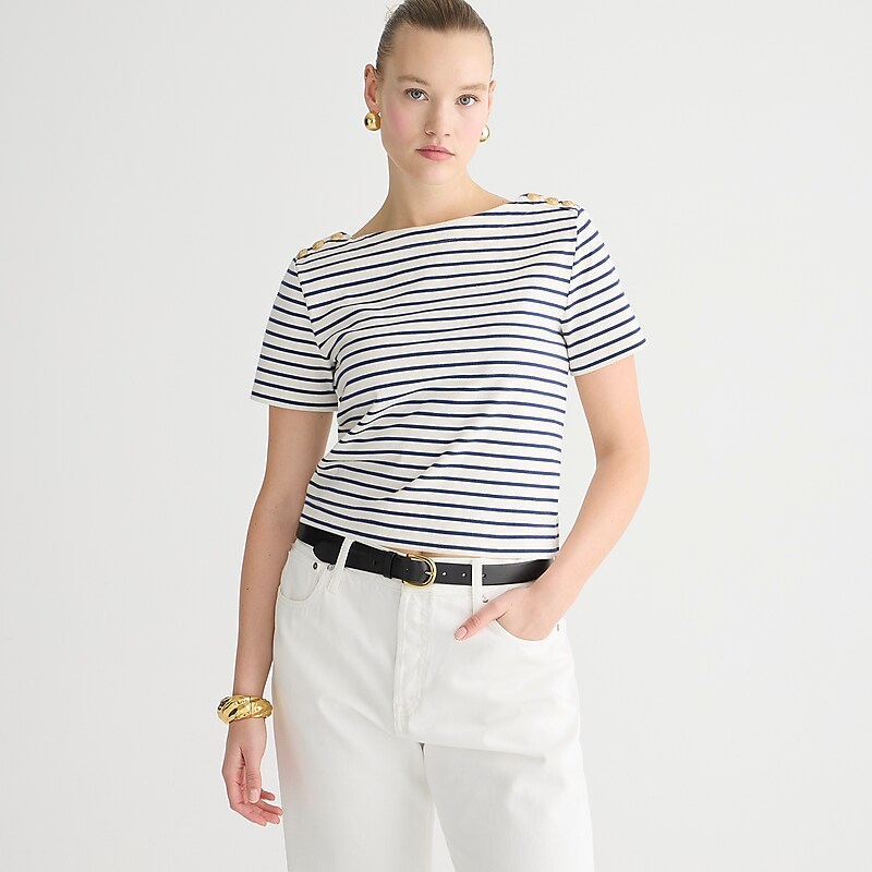 Women\'s J.Crew Mariner cloth short-sleeve with buttons T-shirts Paloma Stripe Ivory Eve USA ZMAHWUI54