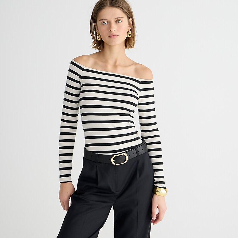 Women's J.Crew Off-the-shoulder long-sleeve stretch cotton T-shirts Carter Stripe USA CXSYHTE69