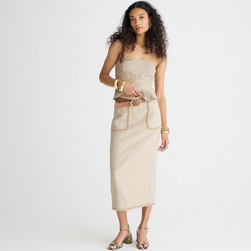 Women\'s J.Crew Pencil midi heavyweight linen Skirts Flax USA CWYSNAL74