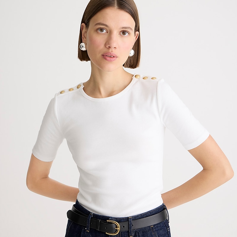 Women\'s J.Crew Perfect-fit elbow-sleeve with gold buttons T-shirts White USA JWSZNIQ34