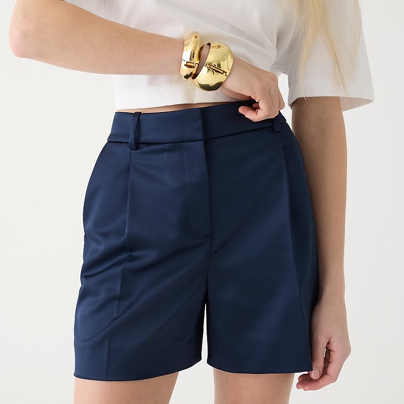 Women's J.Crew Pleated suit tailored satin Shorts Navy USA QWPJUVG69