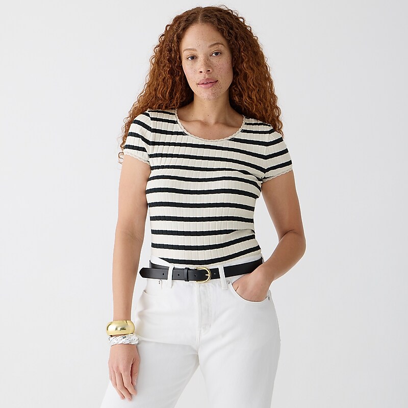 Women's J.Crew Pointelle short-sleeve T-shirts Carter Stripe Ivory Bla USA TYIMHBO46