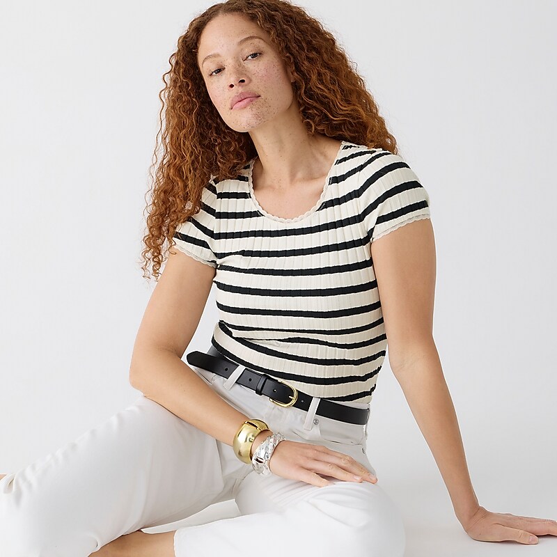 Women\'s J.Crew Pointelle short-sleeve T-shirts Carter Stripe Ivory Bla USA TYIMHBO46