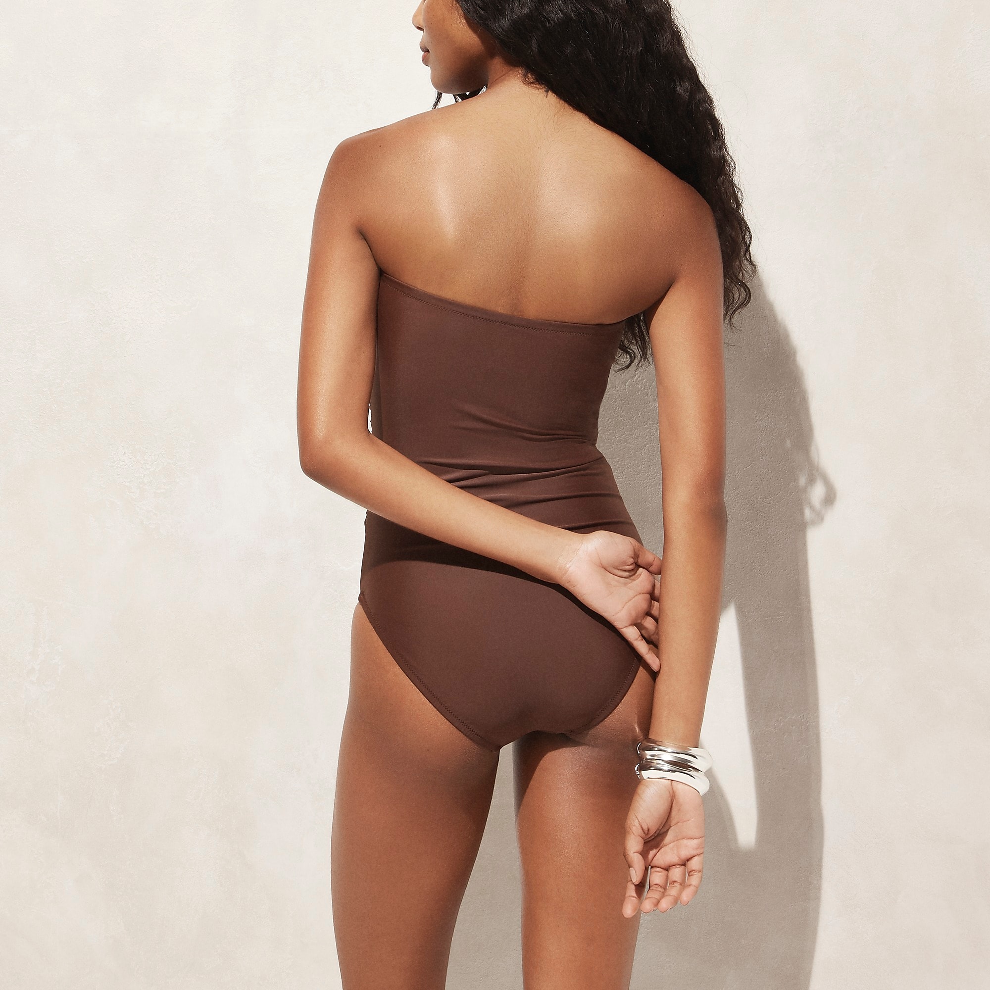 Women's J.Crew Ruched bandeau one-piece Swimsuit Dark Fudge USA NJEWAQU71