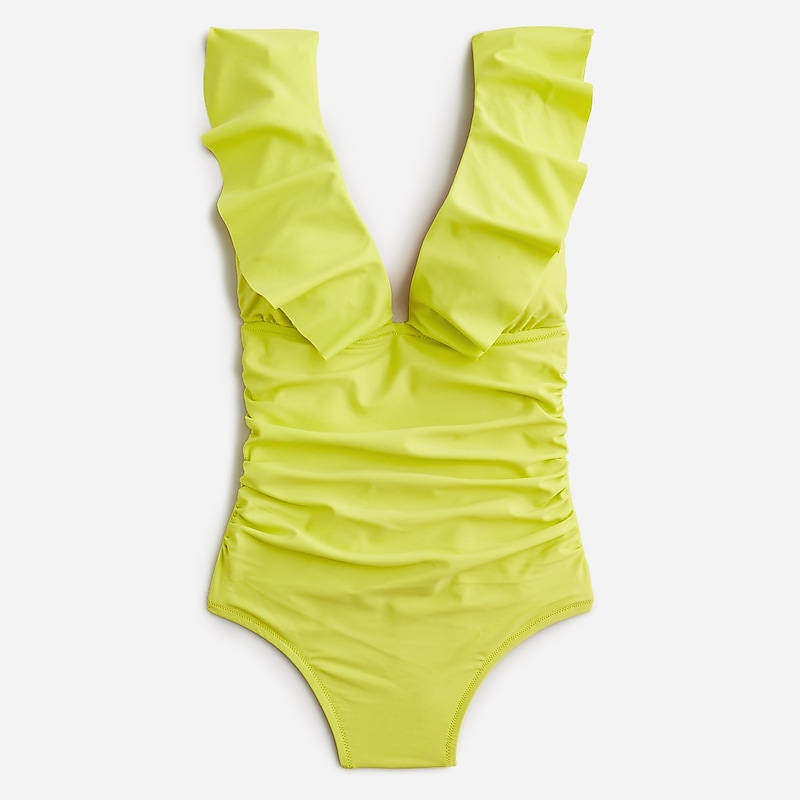 Women\'s J.Crew Ruched ruffle one-piece Swimsuit Lemon Sorbet USA FIADPTK78