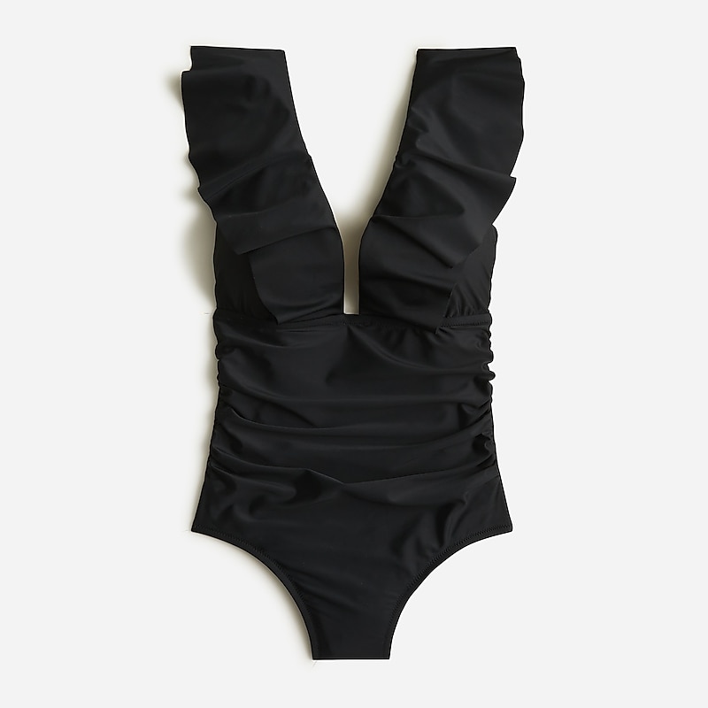 Women\'s J.Crew Ruched ruffle one-piece Swimsuit Black USA EPCFAWG59