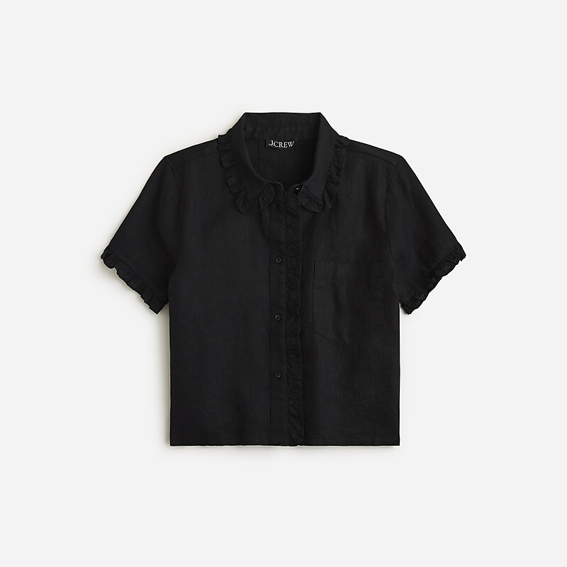 Women\'s J.Crew Ruffle-trim button-up Shirts Black USA ZAQGXPT28