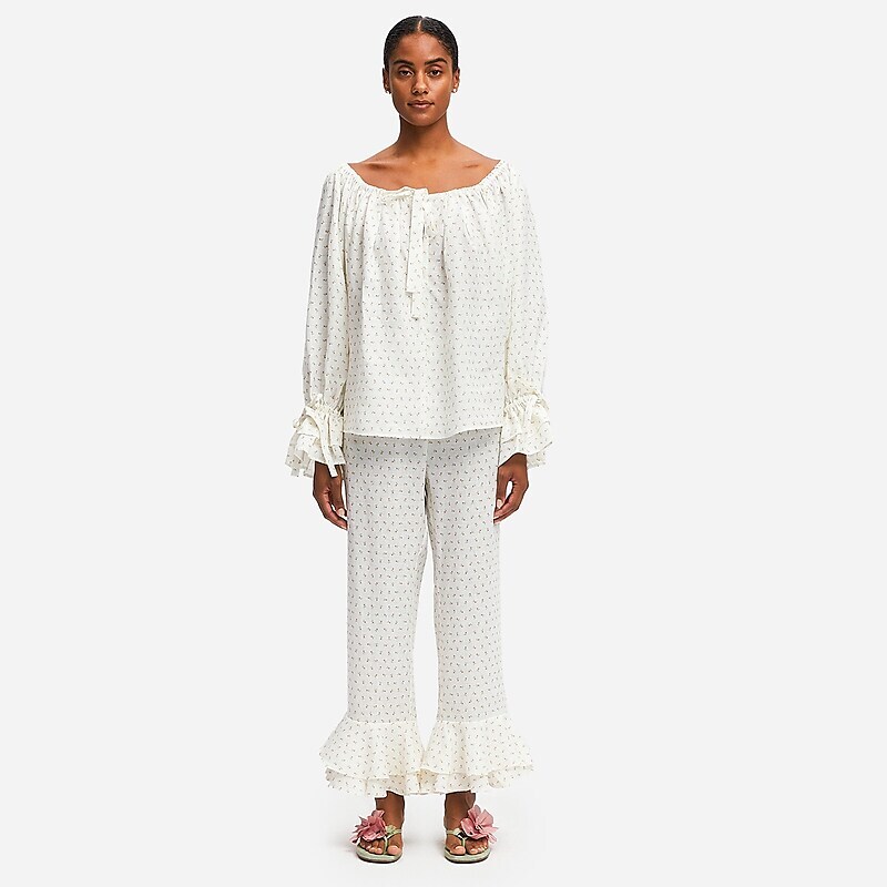 Women's J.Crew SLEEPER cha-cha linen lounge set Pajamas White Multi USA TECXLIJ38