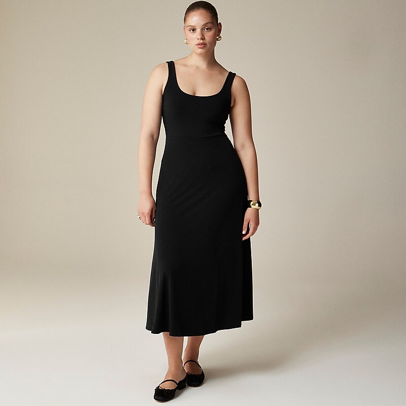 Women\'s J.Crew Scoopneck A-line midi matte jersey Dress Black USA NKBXETV73