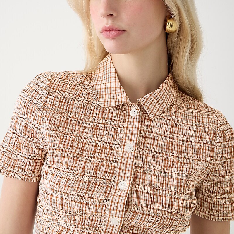 Women's J.Crew Smocked button-up Shirts Ivory Brown USA ISVFXTB18