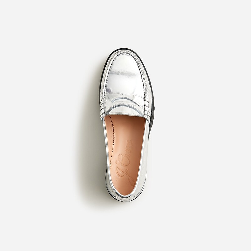 Women's J.Crew Winona lug-sole penny Loafers Silver Mirror USA AJRCZNH65